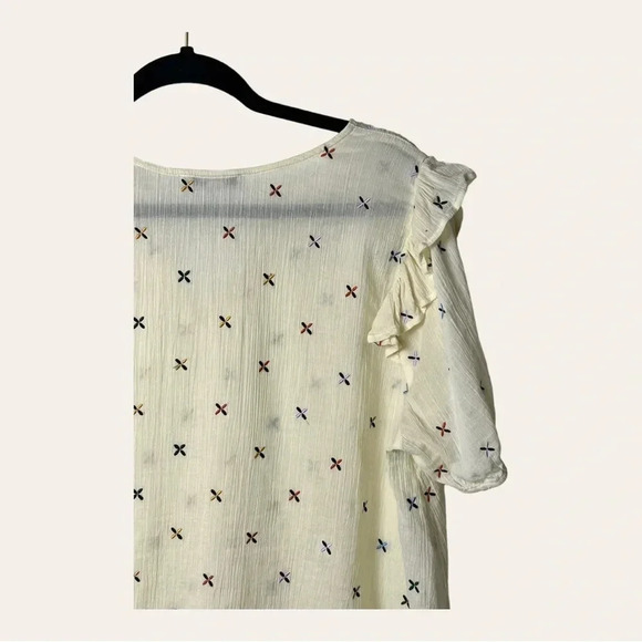 0458W. MADEWELL SHORT SLEEVE BLOUSE WITH EMBROIDERY‎ CREAM IN COLOR RUFFLES - Picture 9 of 10